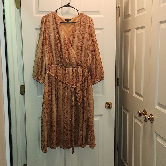 Lane Bryant Faux Wrap Belted Animal Print Dress 16 Python Snake Midi Gold Brown - Picture 1 of 5